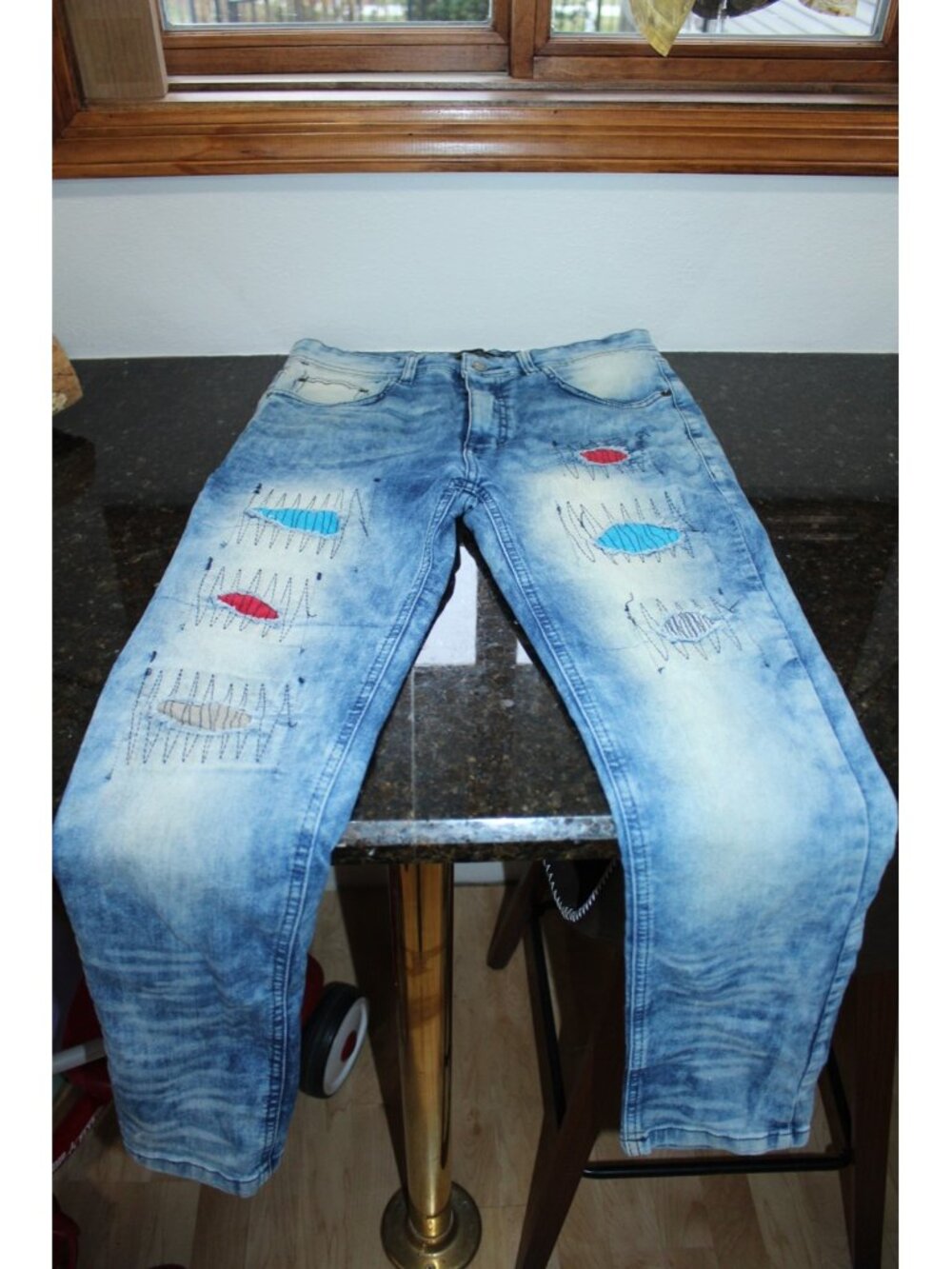 Vintage GS-115 Denim Jeans Distressed Patches Rock Revival Retro Size 32